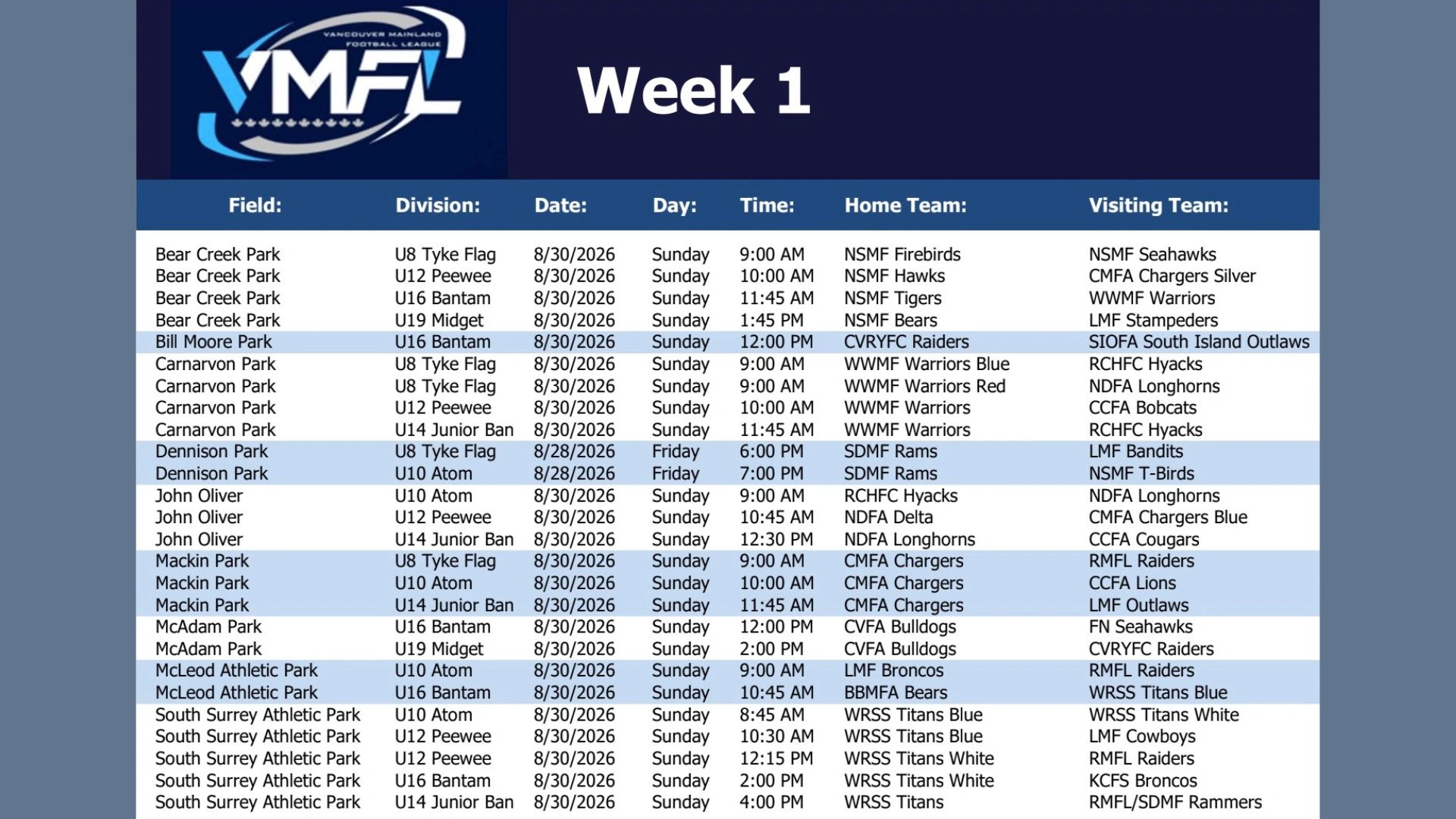 VMFL Week 1 football schedule with fields, divisions, dates, times, and teams.