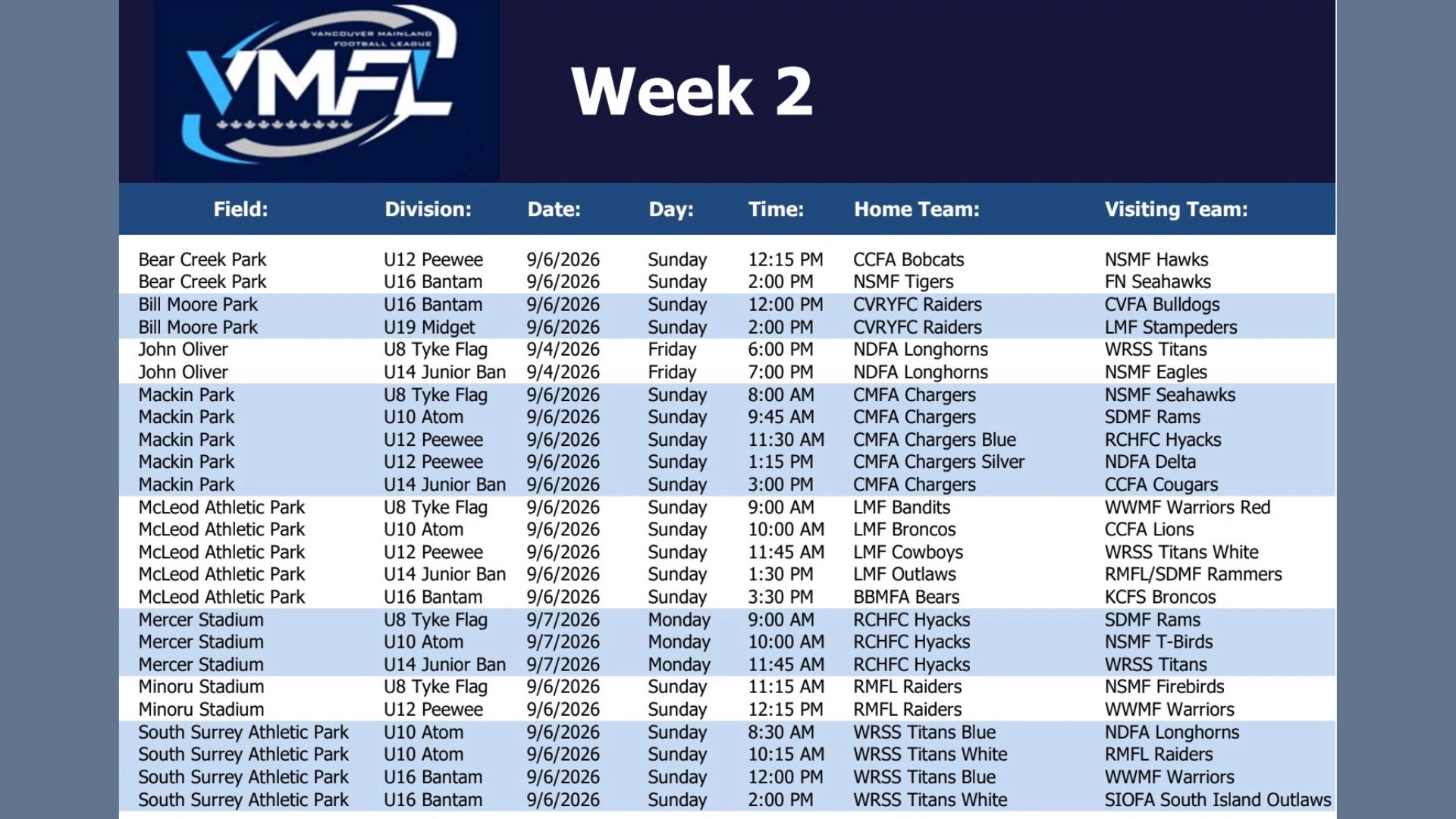 Week 2 VMFL football schedule with fields, dates, teams, and times.