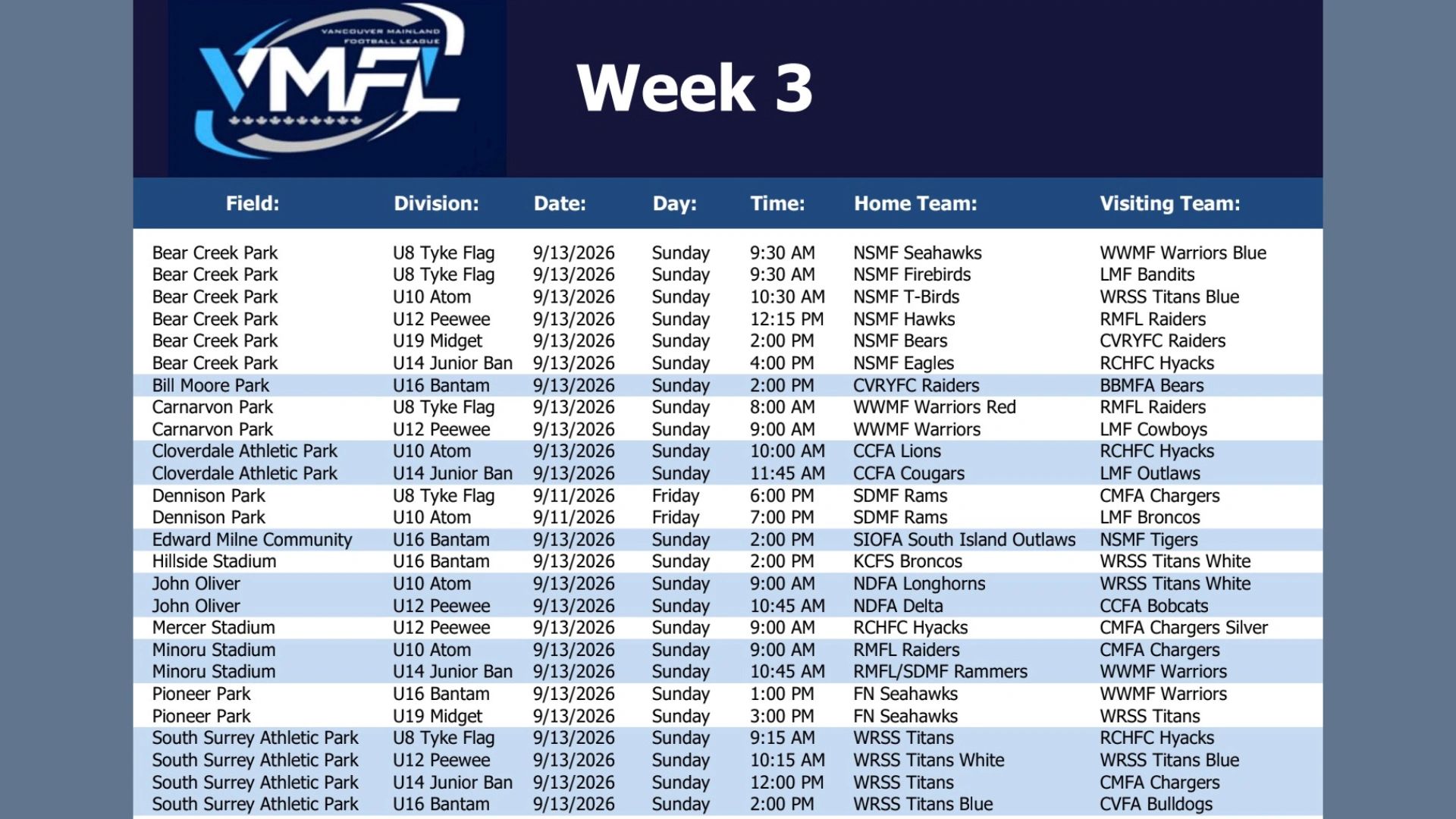 VMFL Week 3 game schedule for Sunday, September 13, 2026.