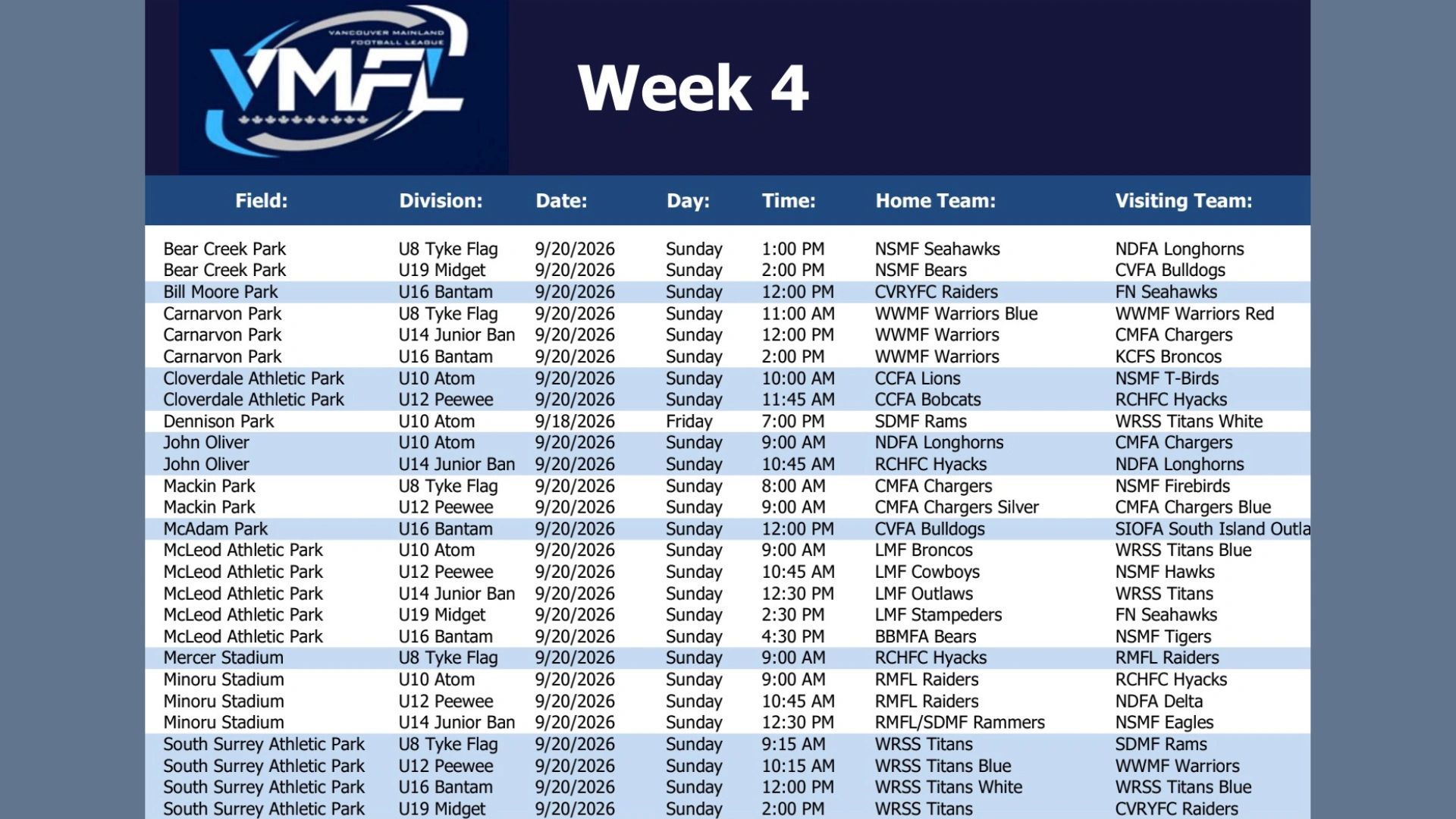 VMFL Week 4 football game schedule with teams, dates, and fields.