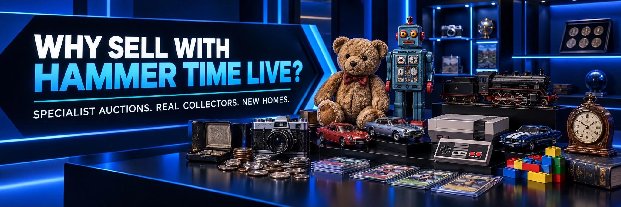 Auction collectibles including toys, coins, and games.