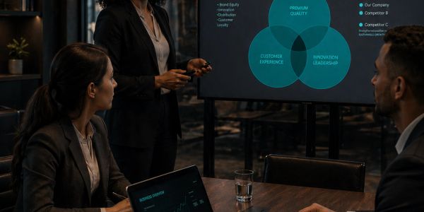 Three professionals engaged in a business presentation with a Venn diagram on the screen.