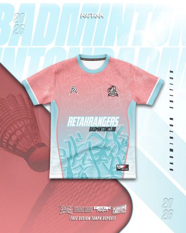 Pink and blue badminton club jersey with graphic design and logos.