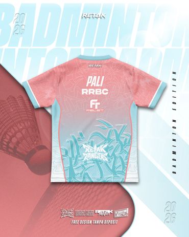 2026 badminton jersey design with blue and pink tones and sponsor logos.