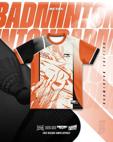 Modern badminton shirt with orange, white, and black design elements.