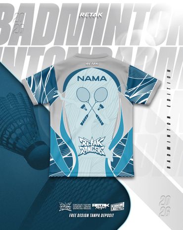 Custom badminton jersey design with crossed rackets and dynamic blue patterns.