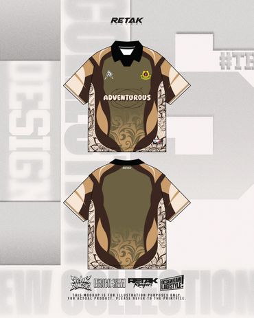 Front and back views of a brown and beige sports jersey with tribal patterns.