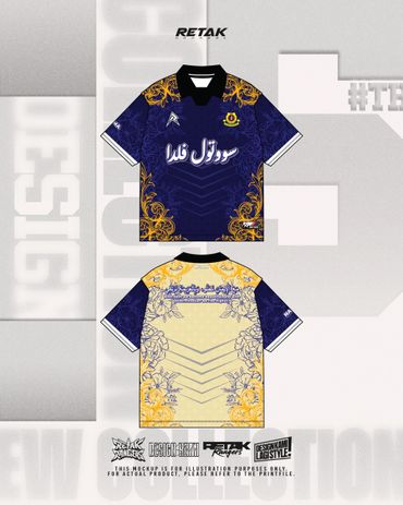 Two-sided soccer jersey design with navy and gold floral accents.