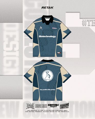 Blue and beige biotechnology-themed sports jersey with collar and logos.