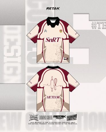 Front and back view of a sports jersey design with maroon and beige colors.