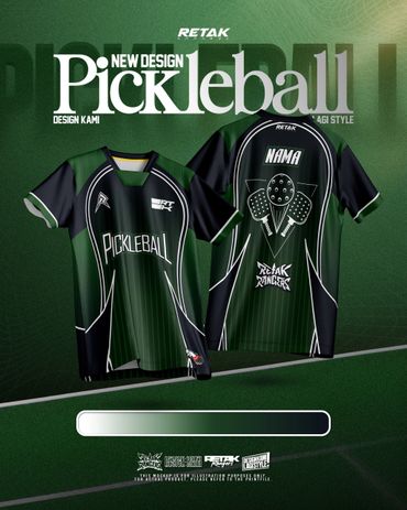 Green and black pickleball jerseys with unique designs and logos.
