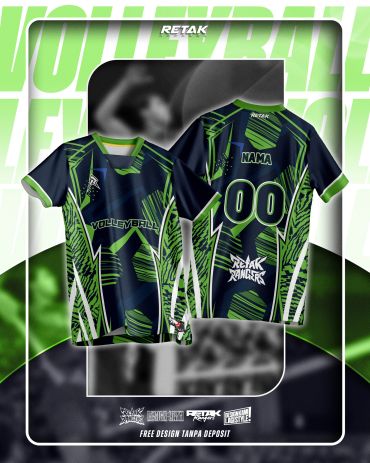 Dynamic green and black volleyball jersey with bold patterns and customizable name and number.