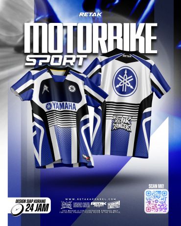 Blue and white Yamaha motorbike sport jersey with bold stripes and logos.