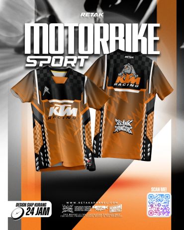 Orange and black KTM Racing motorbike sport jersey with bold graphics.