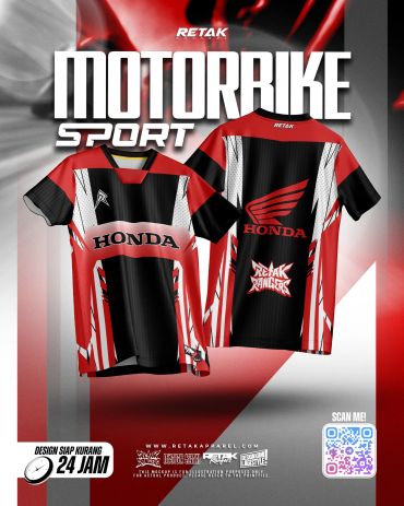 Red and black Honda motorbike sport jersey with bold graphics.