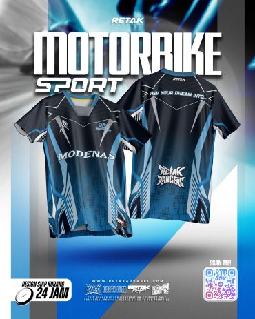 Sporty motorbike-themed jerseys with dynamic blue and black designs.