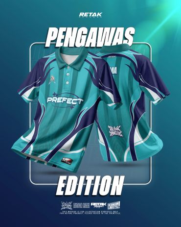 Stylish turquoise and navy polo shirts with graphic designs labeled 'Pengawas Edition.'