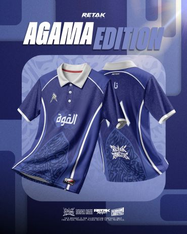 Agama Edition RETAK sports polo shirts featuring blue and white design.