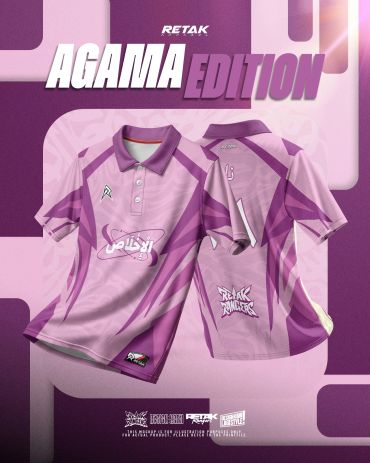Purple and pink polo shirts with bold graphic design.