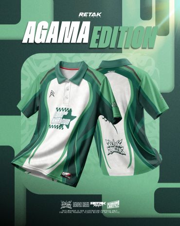 Green and white Agama Edition sports polo shirts with unique designs.