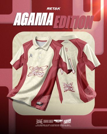 Red and white polo shirts with Agama Edition design.