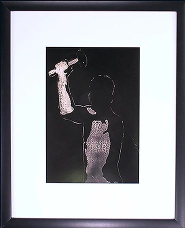 
11x14 (16x20 matted) mixed media photographic chemigram print, 
found film,silk-