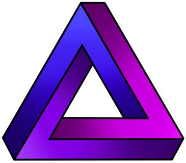 A blue and purple Penrose triangle optical illusion.