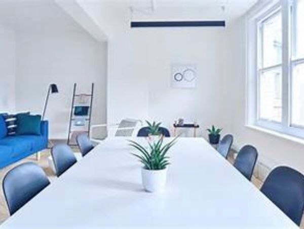 Bright white conference room with black chairs and green plants.