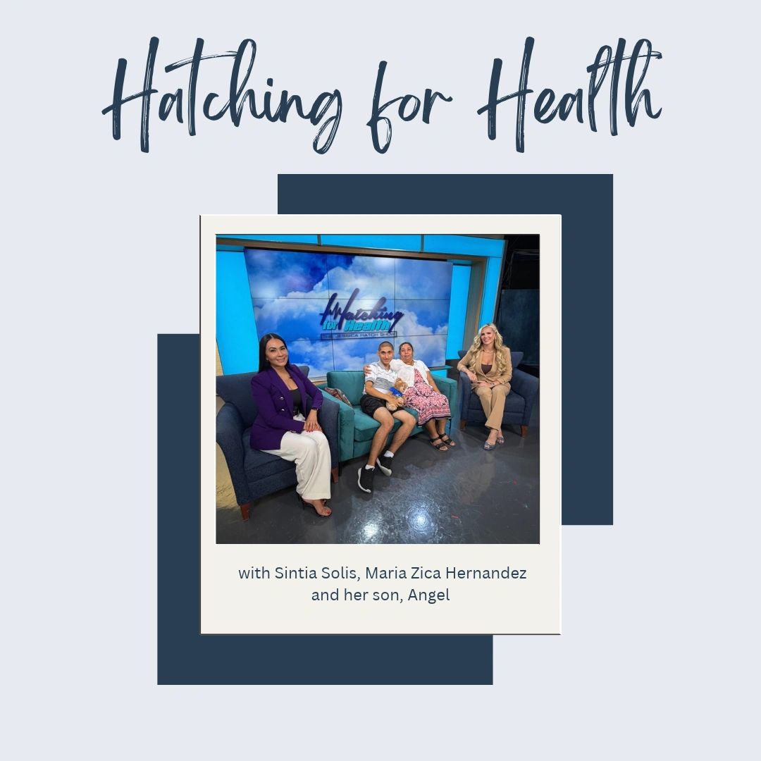Group photo on 'Hatching for Health' set with Sintia Solis, Maria Zica Hernandez, and Angel.