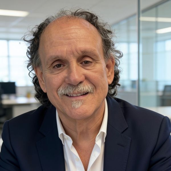 Older man smiling in an office.