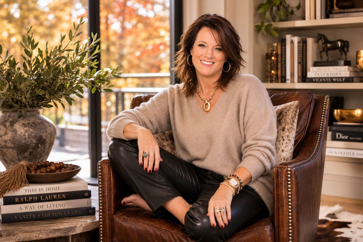 Smiling woman in cozy sweater and leather pants sitting on a leather chair.