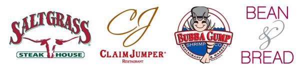Four restaurant logos including Saltgrass Steak House and Bubba Gump Shrimp Co.