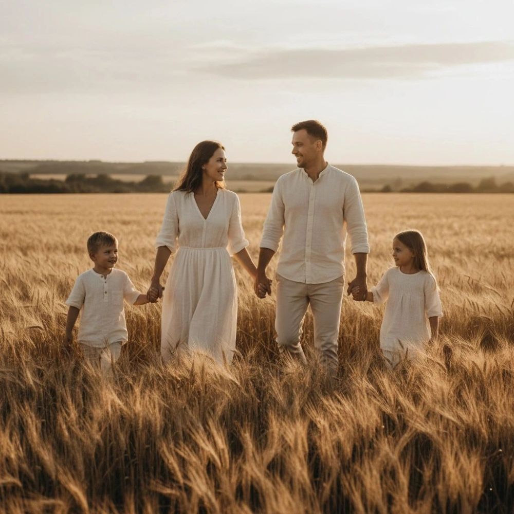 A happy family holding hands and walking through a golden wheat field at sunset.
