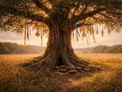An ancient tree adorned with colorful ribbons and charms in a golden field.