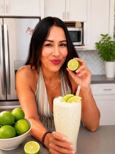 Woman holding a lime and a creamy lime drink in the kitchen.