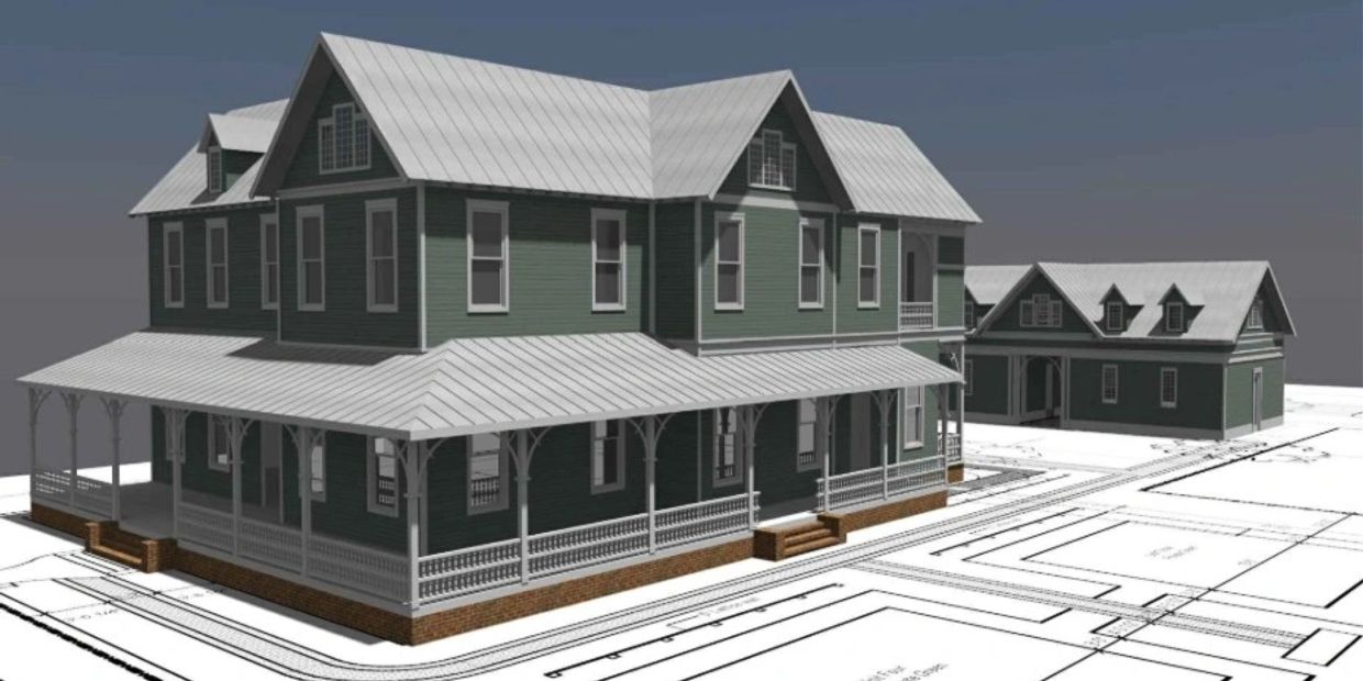 3D rendering of two green houses on architectural blueprints.