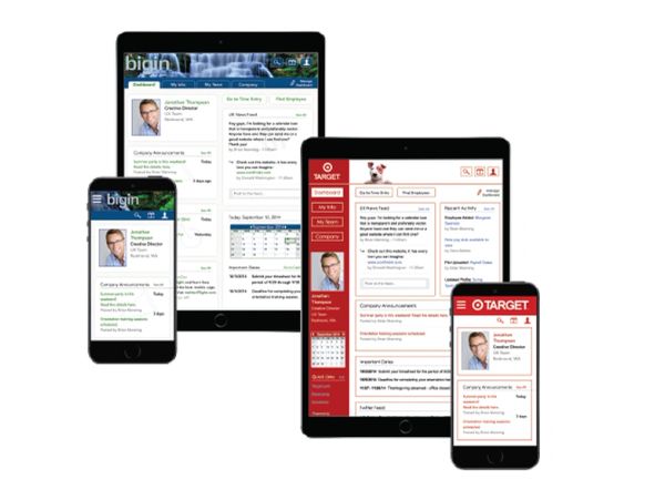 Two tablets and two smartphones showing employee dashboard apps.