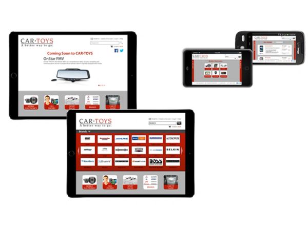Multiple devices displaying the Car-Toys website with product listings and promotions.