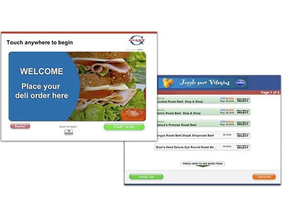 Deli ordering touchscreen interface showing welcome and meat selection screens.