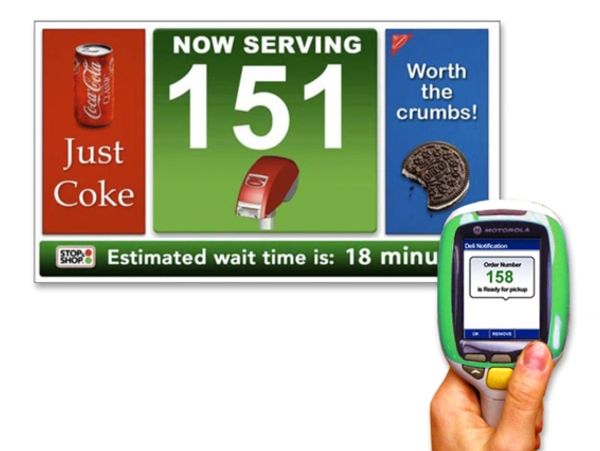 Digital deli order system showing wait time and order status.