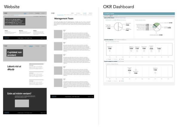 Wireframes of a website and an OKR dashboard.