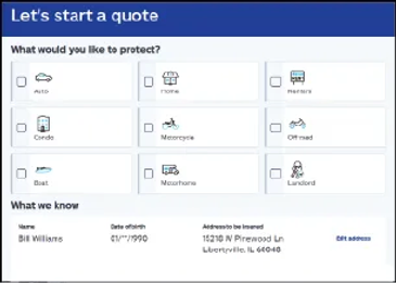 Online insurance quote form with property and vehicle options.