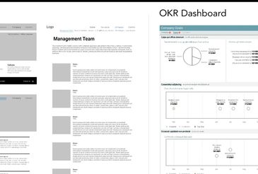 Wireframe and OKR dashboard layout for website and management team.