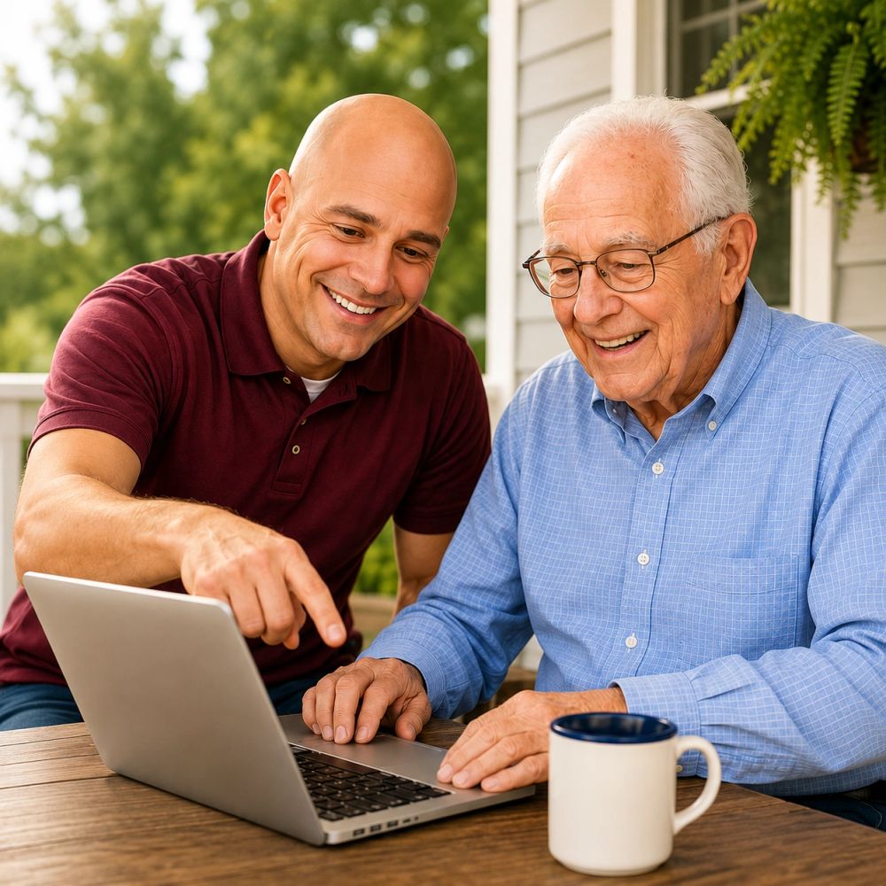 Front Porch employee helping and assisting the senior citizen with their technology needs.
