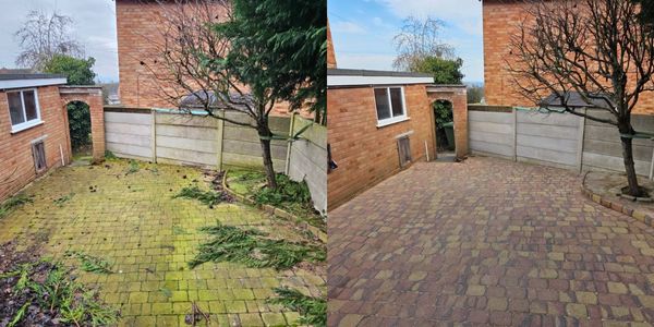 Before and after cleaning a moss-covered brick driveway.