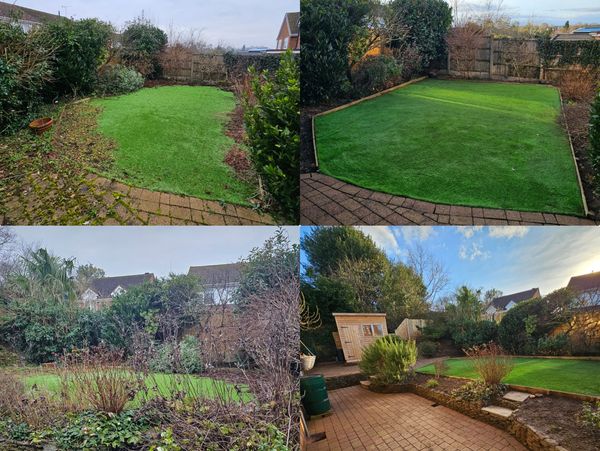 Before and after photos of a garden transformation with new lawn and landscaping.