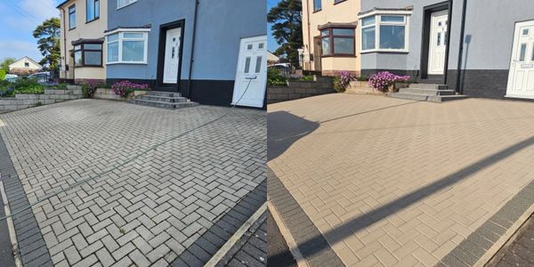 Side-by-side comparison of a driveway before and after cleaning or restoration.