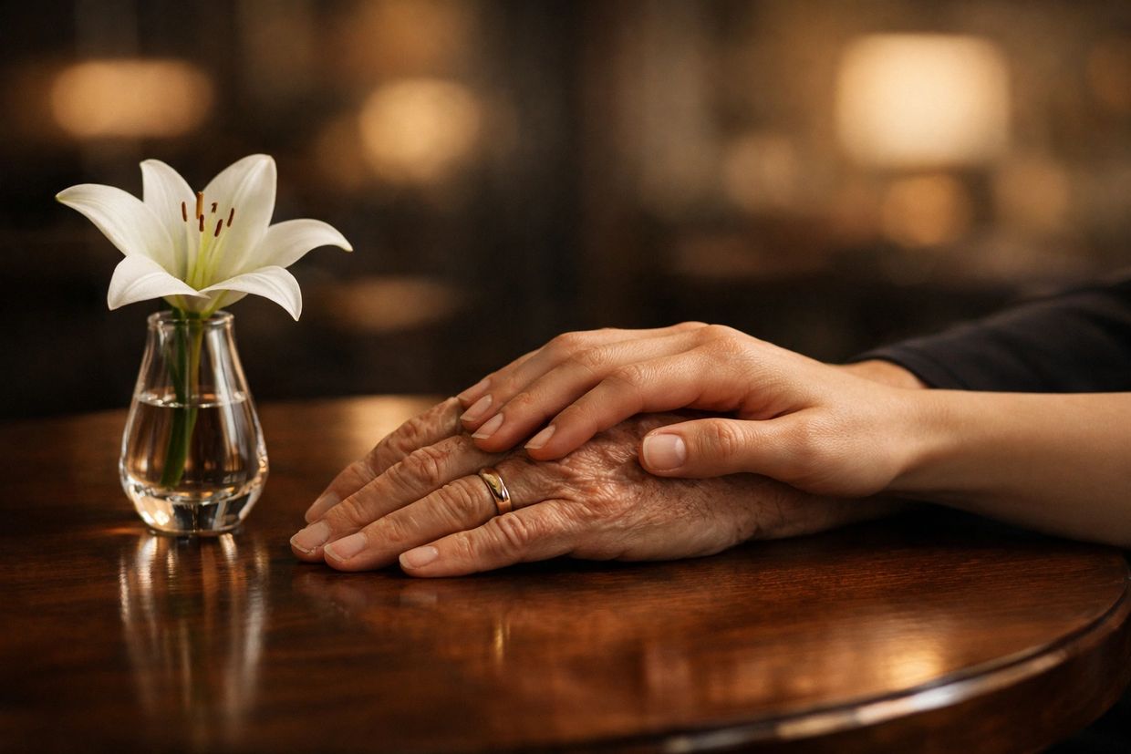 Young hand holding elderly hand with wedding ring next to a white lily. Compassion and care.
