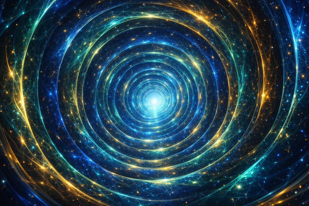 Glowing blue and gold celestial spiral tunnel with shimmering stars. Abstract space art background.