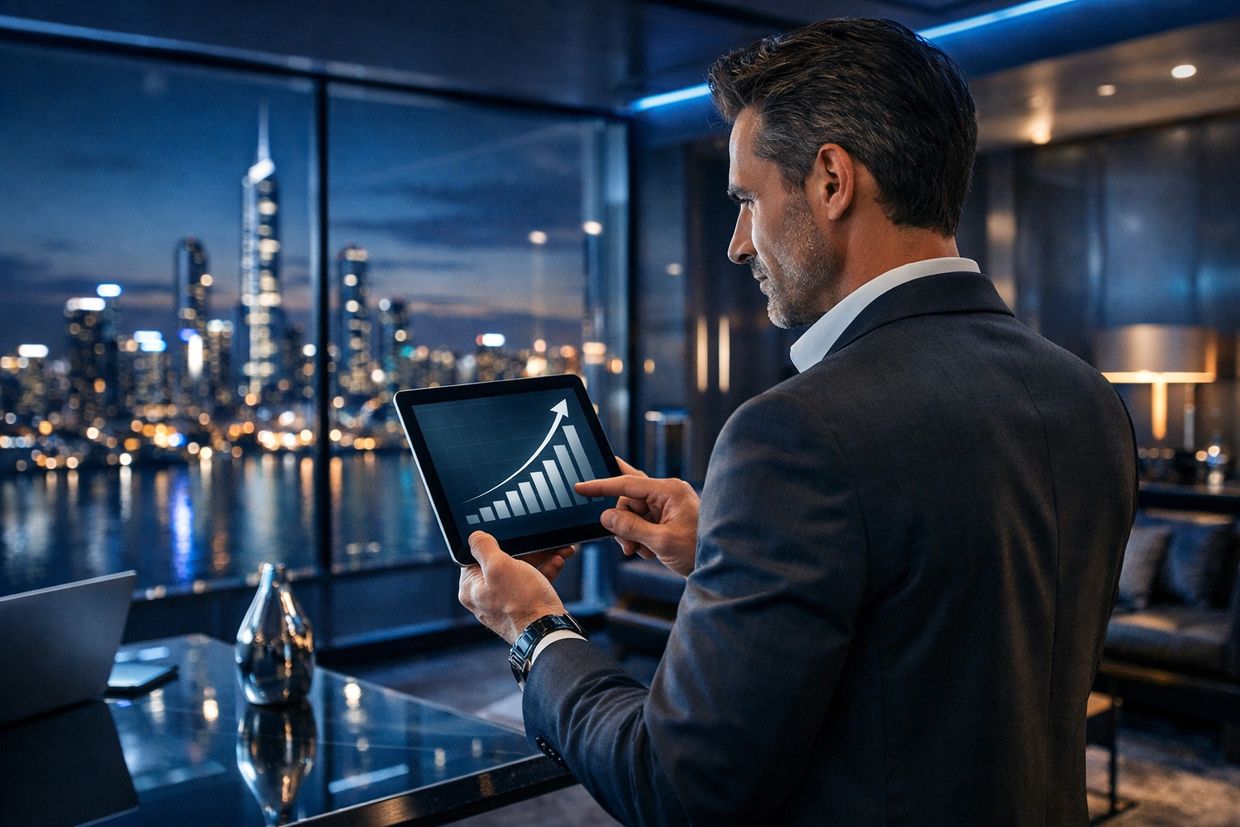 Businessman in a city office viewing a rising stock chart on a tablet. Financial growth concept.